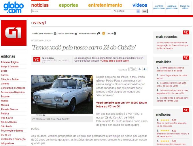 Notícia "Temos xodó pelo nosso carro Zé do Caixão", publicada pelo VC no G1, da Globo.com